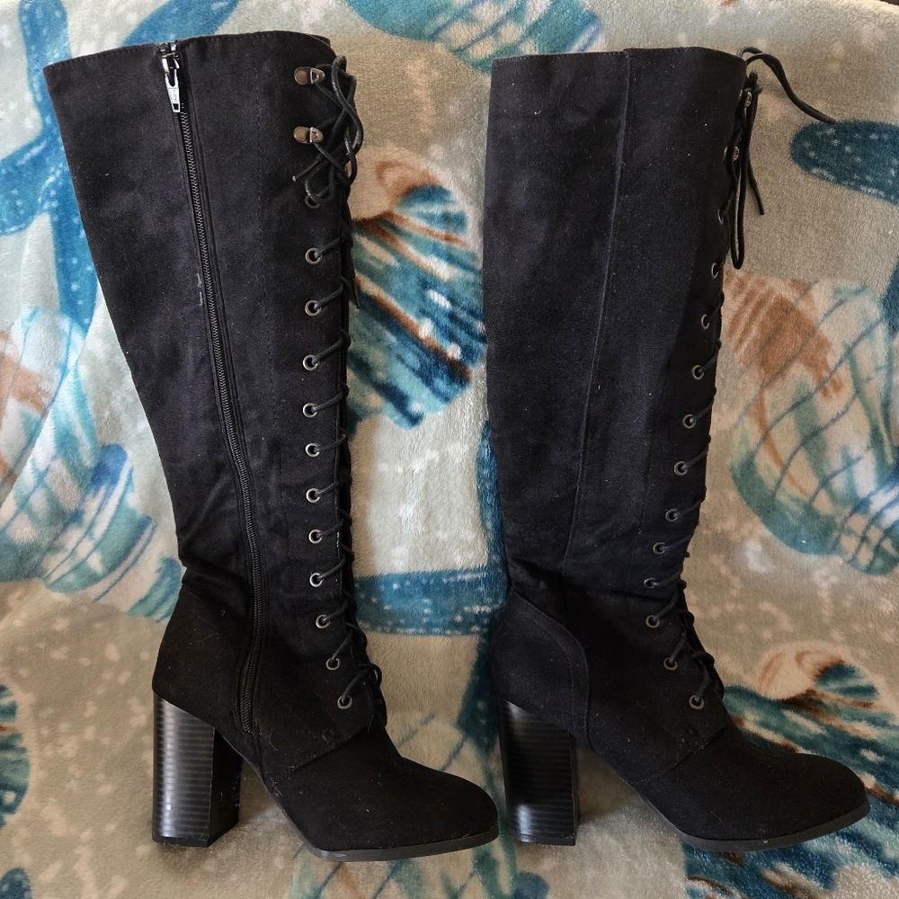 Stylish Black Lace-Up Heeled Boots for Women